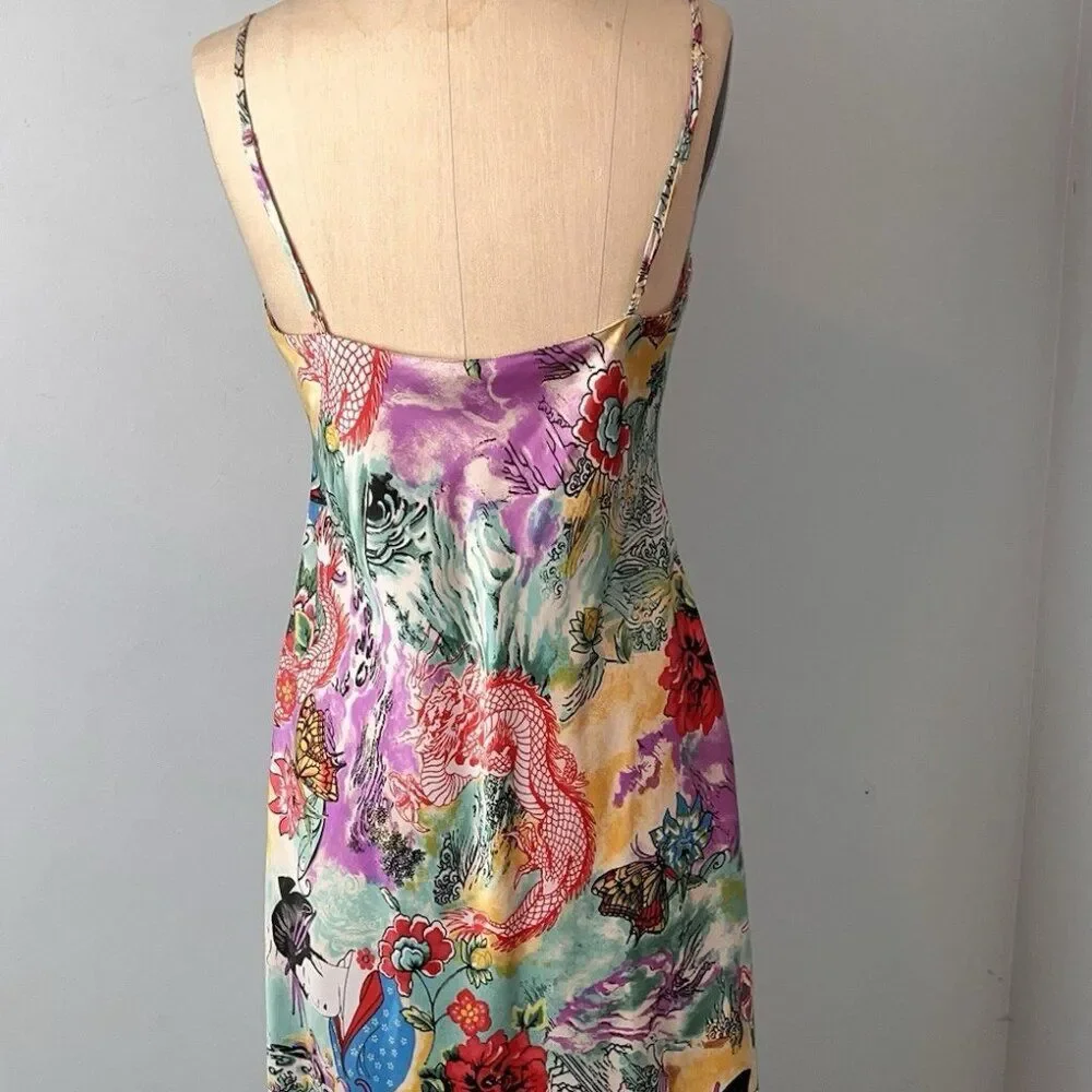 NATORI Iconic vintage GORGEOUS bias satin slip dress nightgown Geisha dragon S